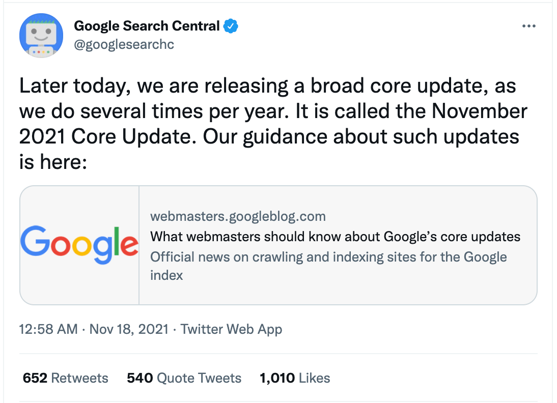 november 2021 broad core update announcement