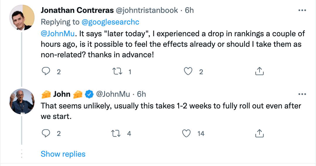 John Mueller Tweet about broad core update