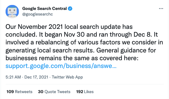 tweet about the local search update December 2021