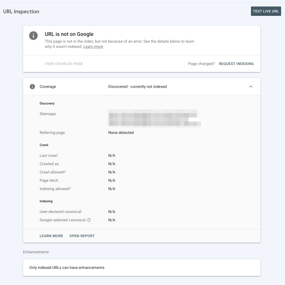 Discovered – Currently Not Indexed search console example