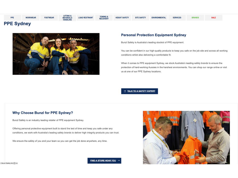 Bunzl SEO Case Study PPE Page Example