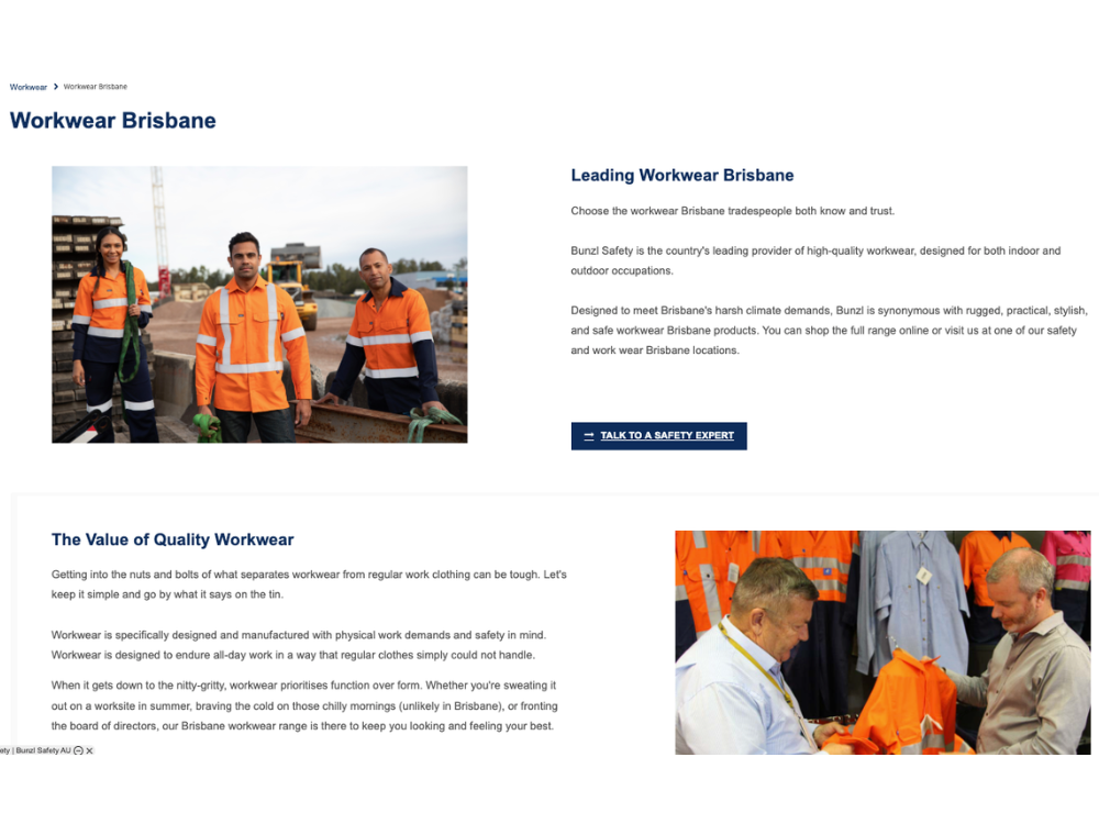 Bunzl SEO Case Study Workwear Page Example